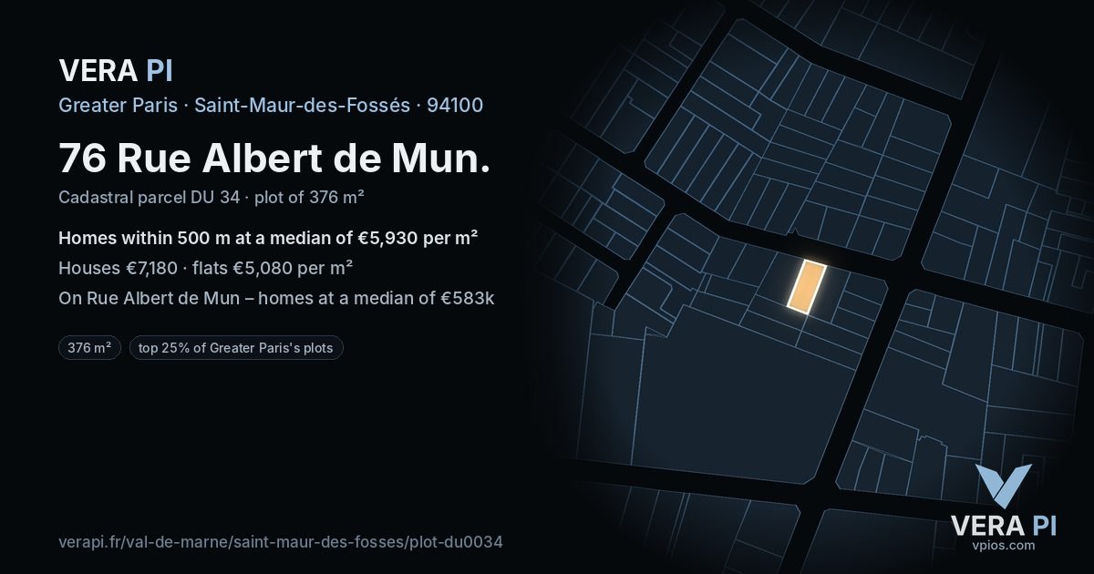 76 Rue Albert de Mun, Saint-Maur-des-Fossés at night – the plot lit, the parcels around coloured by the prices near them
