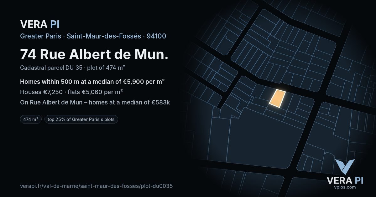 74 Rue Albert de Mun, Saint-Maur-des-Fossés at night – the plot lit, the parcels around coloured by the prices near them