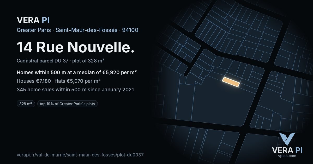 14 Rue Nouvelle, Saint-Maur-des-Fossés at night – the plot lit, the parcels around coloured by the prices near them