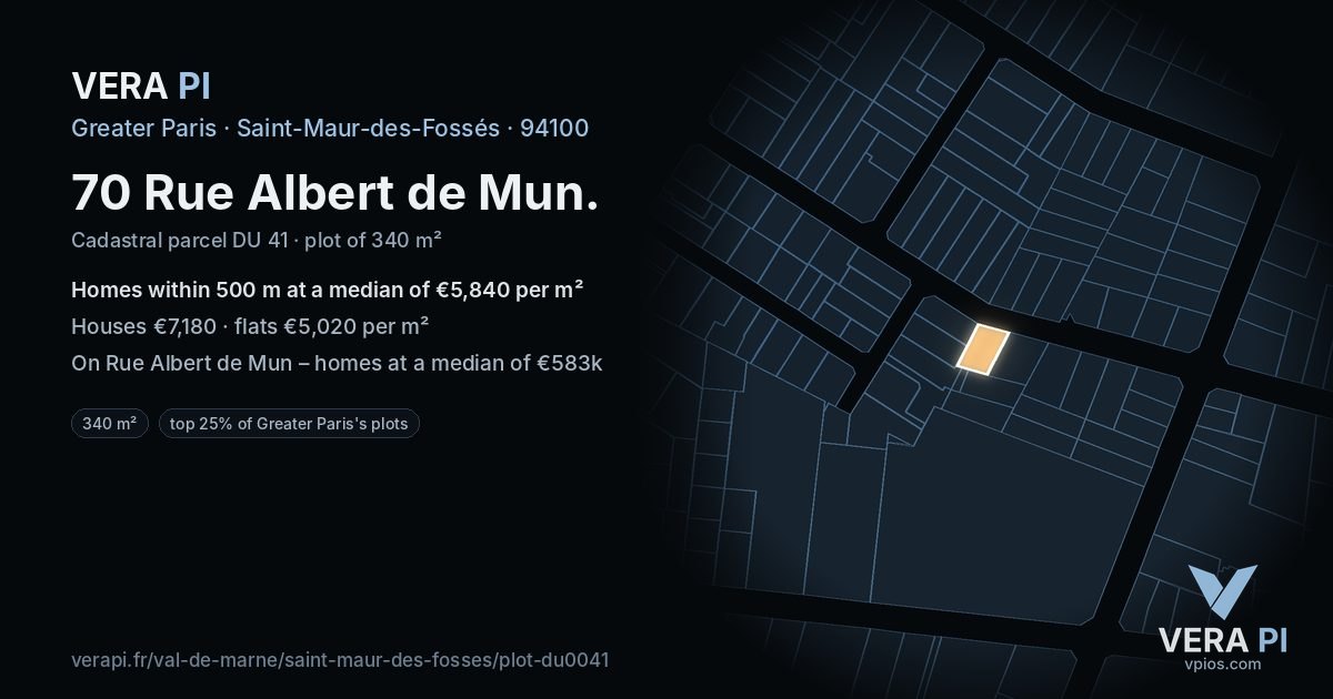 70 Rue Albert de Mun, Saint-Maur-des-Fossés at night – the plot lit, the parcels around coloured by the prices near them