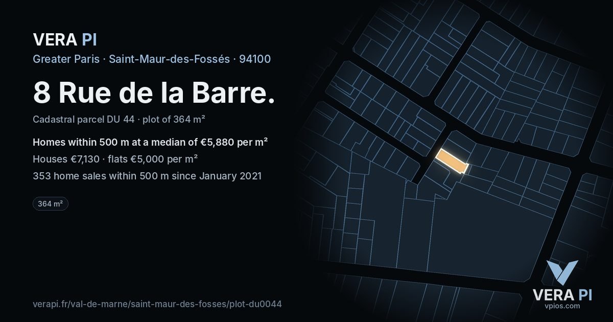 8 Rue de la Barre, Saint-Maur-des-Fossés at night – the plot lit, the parcels around coloured by the prices near them