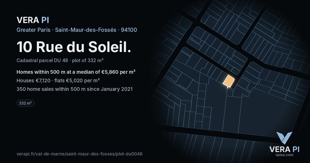 10 Rue du Soleil, Saint-Maur-des-Fossés at night – the plot lit, the parcels around coloured by the prices near them
