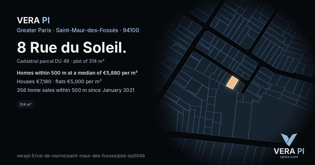 8 Rue du Soleil, Saint-Maur-des-Fossés at night – the plot lit, the parcels around coloured by the prices near them