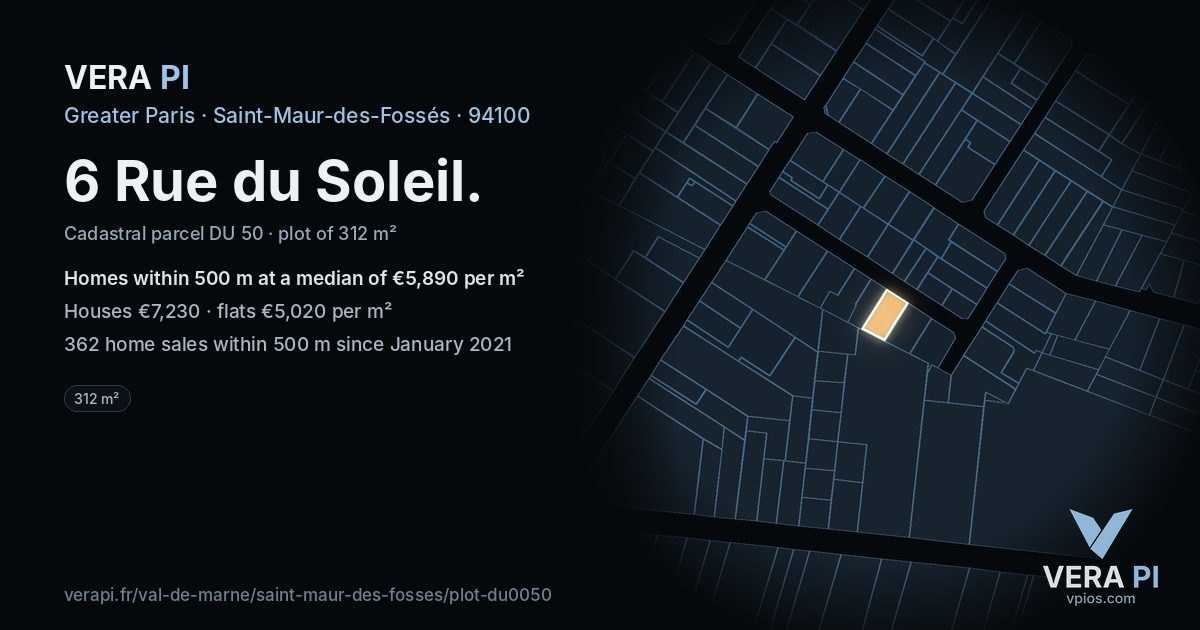 6 Rue du Soleil, Saint-Maur-des-Fossés at night – the plot lit, the parcels around coloured by the prices near them