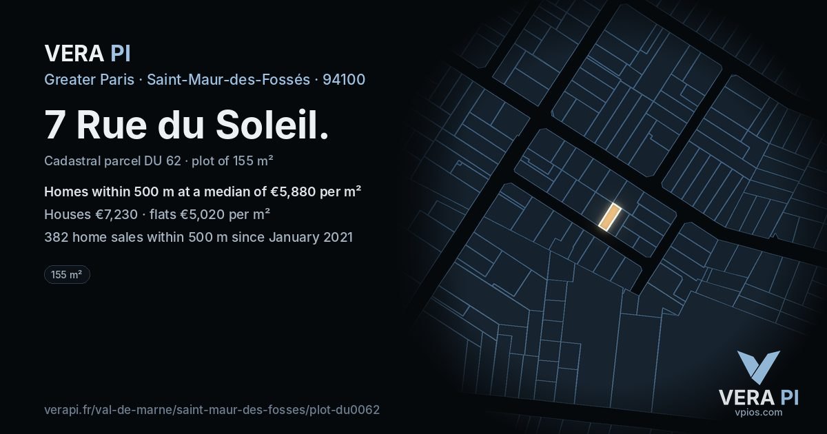 7 Rue du Soleil, Saint-Maur-des-Fossés at night – the plot lit, the parcels around coloured by the prices near them