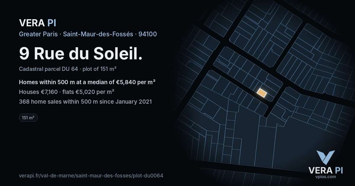 9 Rue du Soleil, Saint-Maur-des-Fossés at night – the plot lit, the parcels around coloured by the prices near them