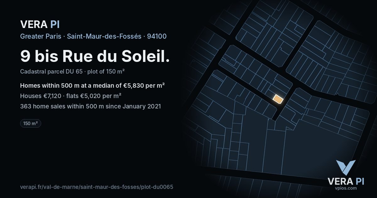 9 bis Rue du Soleil, Saint-Maur-des-Fossés at night – the plot lit, the parcels around coloured by the prices near them
