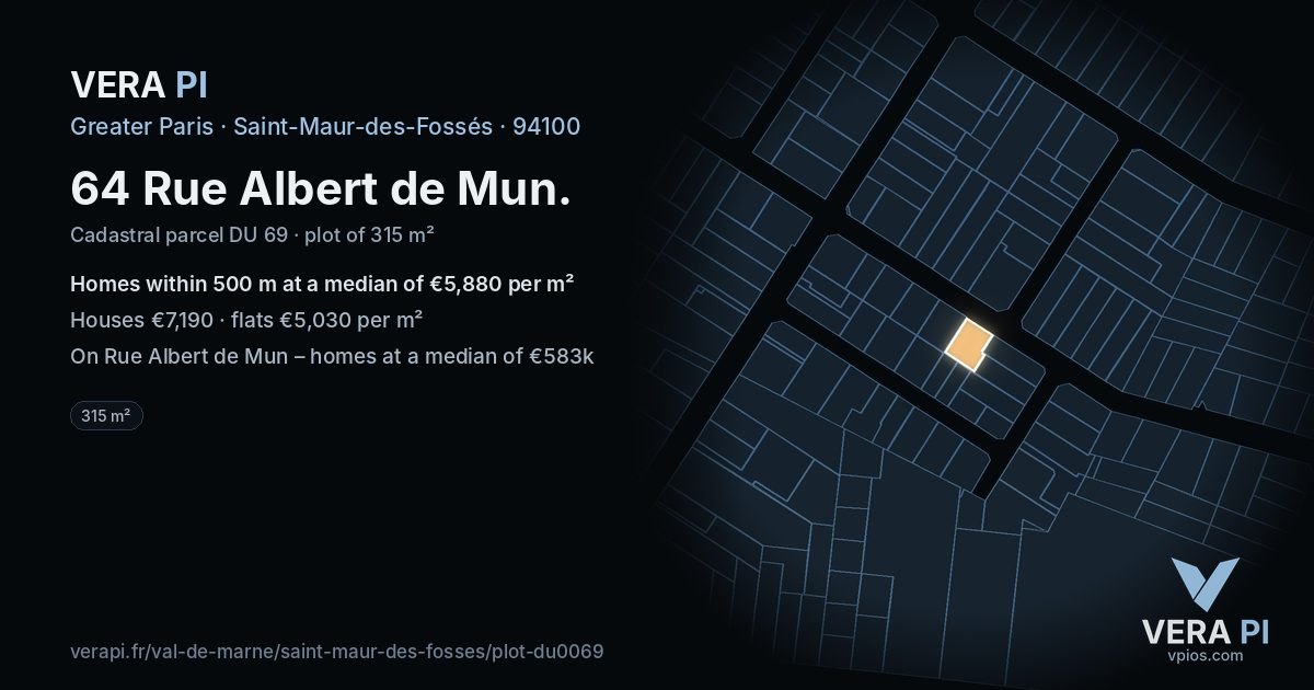 64 Rue Albert de Mun, Saint-Maur-des-Fossés at night – the plot lit, the parcels around coloured by the prices near them