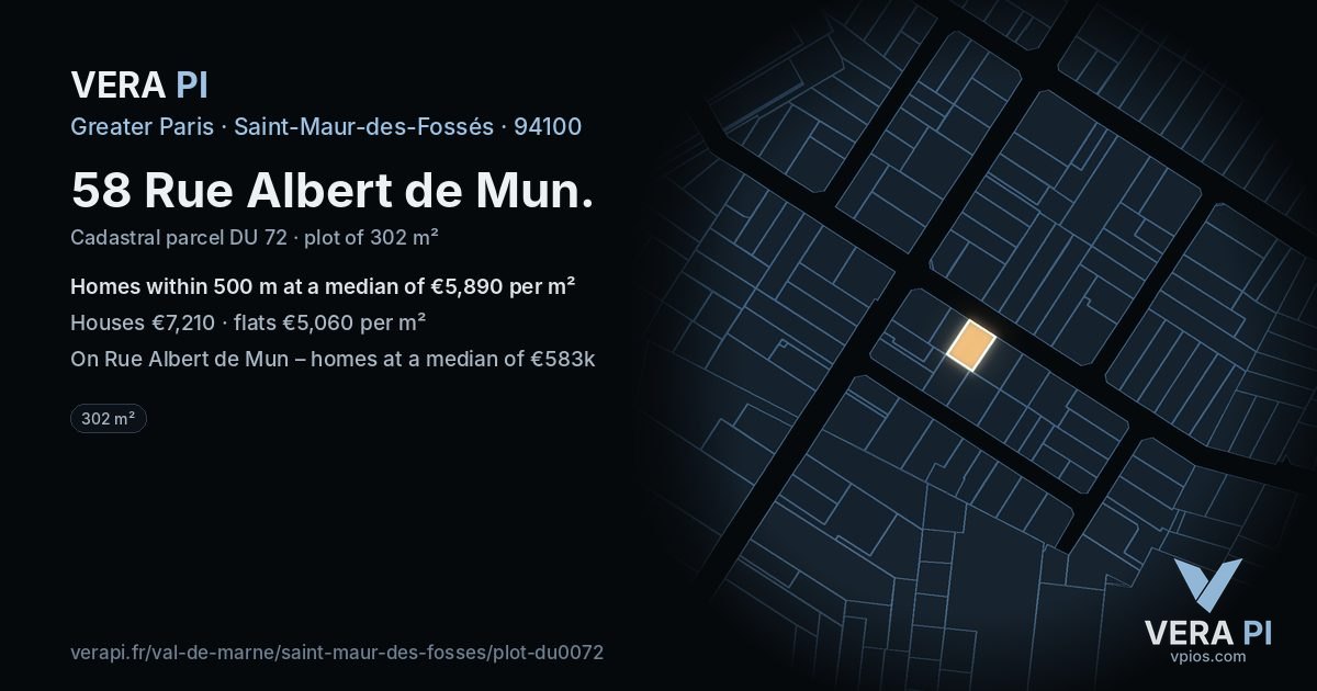 58 Rue Albert de Mun, Saint-Maur-des-Fossés at night – the plot lit, the parcels around coloured by the prices near them