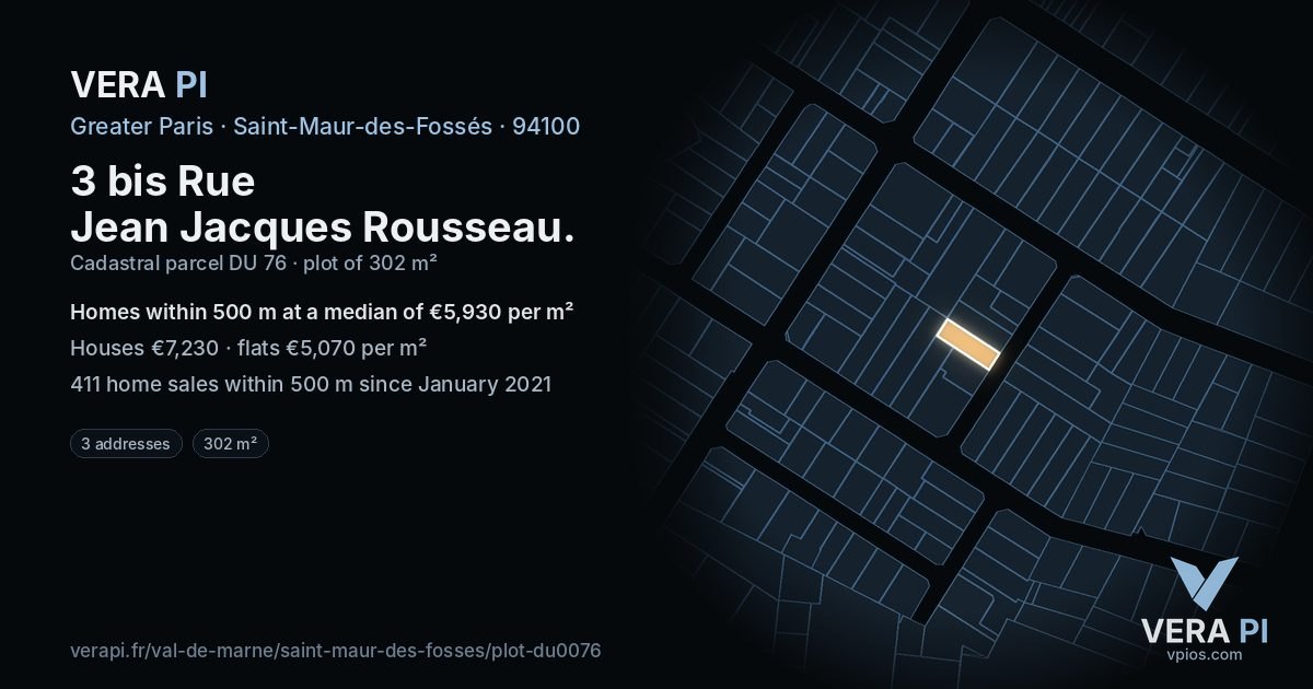 3 bis Rue Jean Jacques Rousseau, Saint-Maur-des-Fossés at night – the plot lit, the parcels around coloured by the prices near them