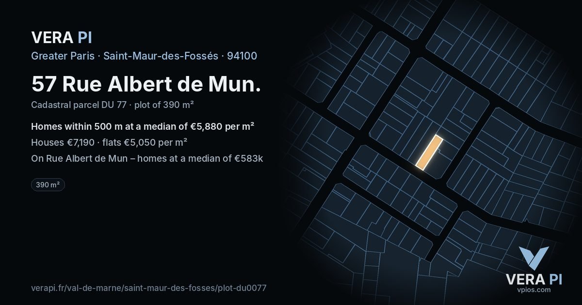 57 Rue Albert de Mun, Saint-Maur-des-Fossés at night – the plot lit, the parcels around coloured by the prices near them