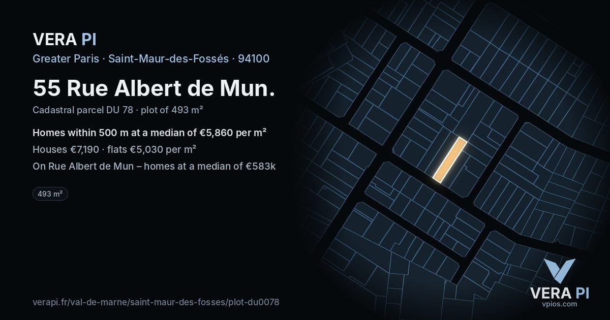 55 Rue Albert de Mun, Saint-Maur-des-Fossés at night – the plot lit, the parcels around coloured by the prices near them