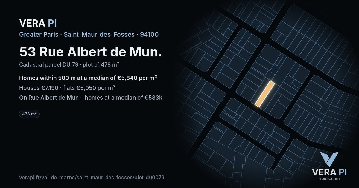 53 Rue Albert de Mun, Saint-Maur-des-Fossés at night – the plot lit, the parcels around coloured by the prices near them