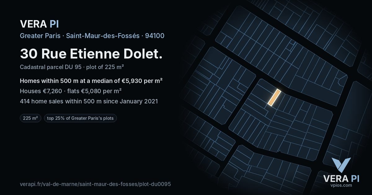 30 Rue Etienne Dolet, Saint-Maur-des-Fossés at night – the plot lit, the parcels around coloured by the prices near them