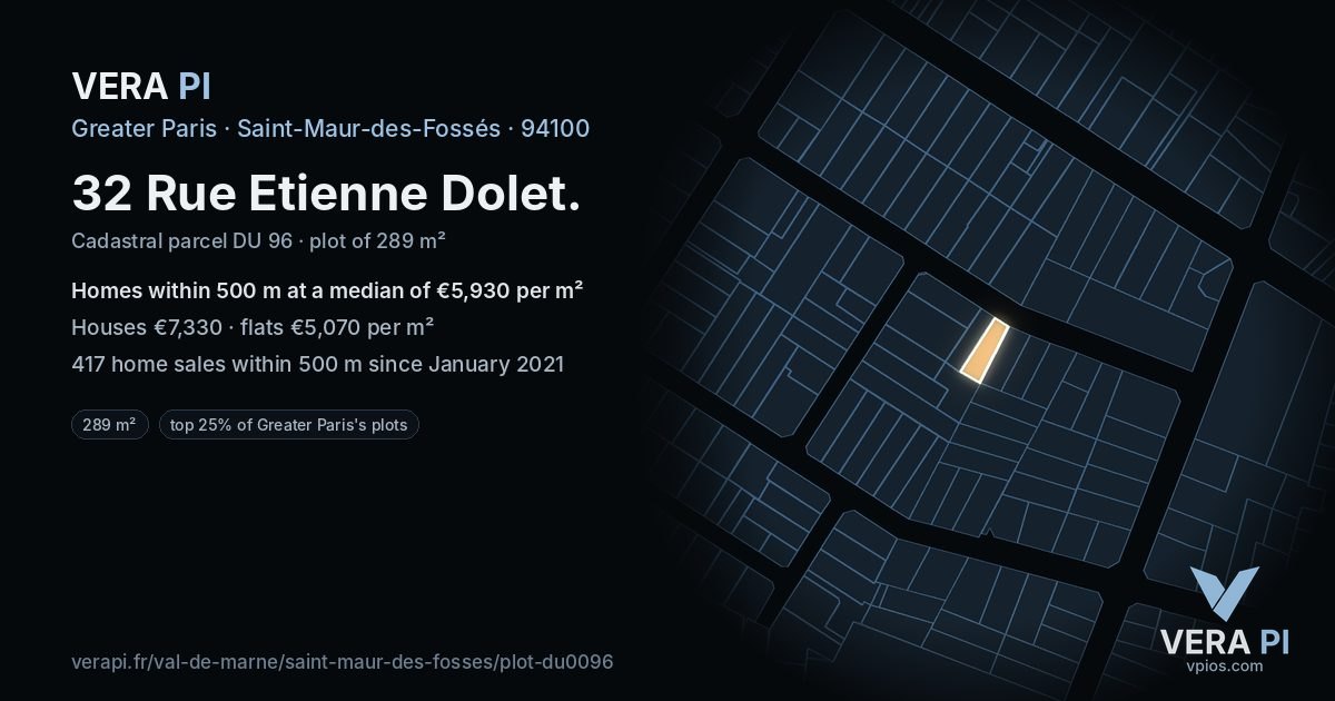32 Rue Etienne Dolet, Saint-Maur-des-Fossés at night – the plot lit, the parcels around coloured by the prices near them