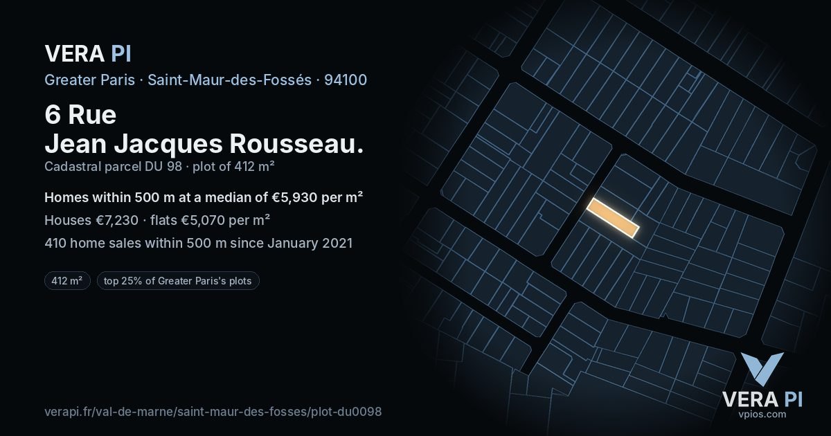 6 Rue Jean Jacques Rousseau, Saint-Maur-des-Fossés at night – the plot lit, the parcels around coloured by the prices near them