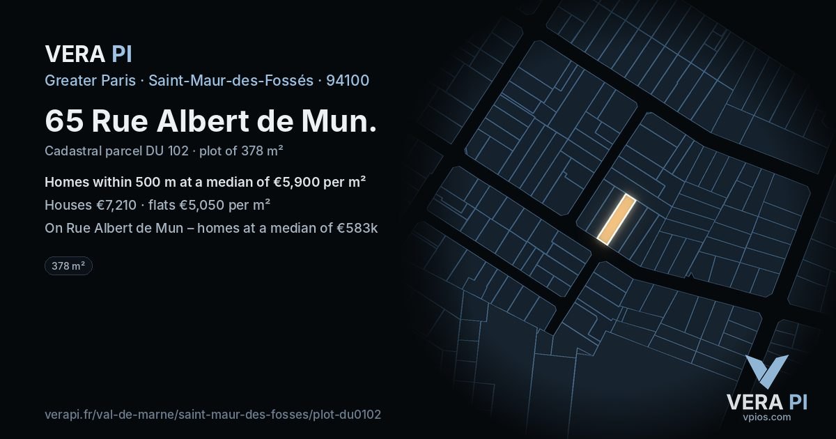 65 Rue Albert de Mun, Saint-Maur-des-Fossés at night – the plot lit, the parcels around coloured by the prices near them