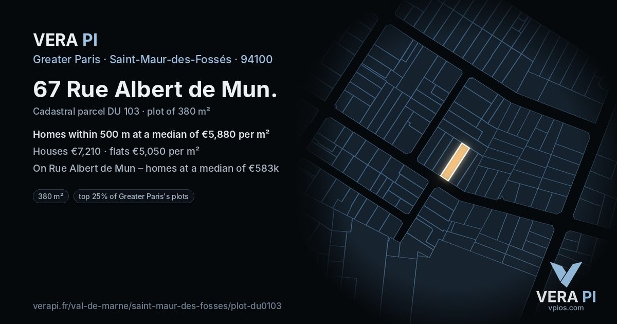 67 Rue Albert de Mun, Saint-Maur-des-Fossés at night – the plot lit, the parcels around coloured by the prices near them
