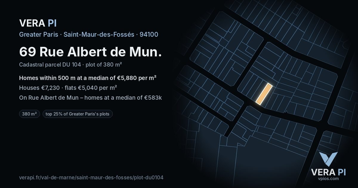 69 Rue Albert de Mun, Saint-Maur-des-Fossés at night – the plot lit, the parcels around coloured by the prices near them