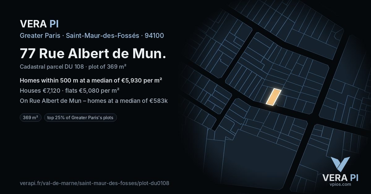 77 Rue Albert de Mun, Saint-Maur-des-Fossés at night – the plot lit, the parcels around coloured by the prices near them