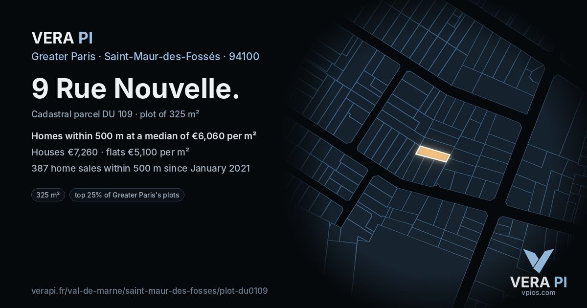 9 Rue Nouvelle, Saint-Maur-des-Fossés at night – the plot lit, the parcels around coloured by the prices near them