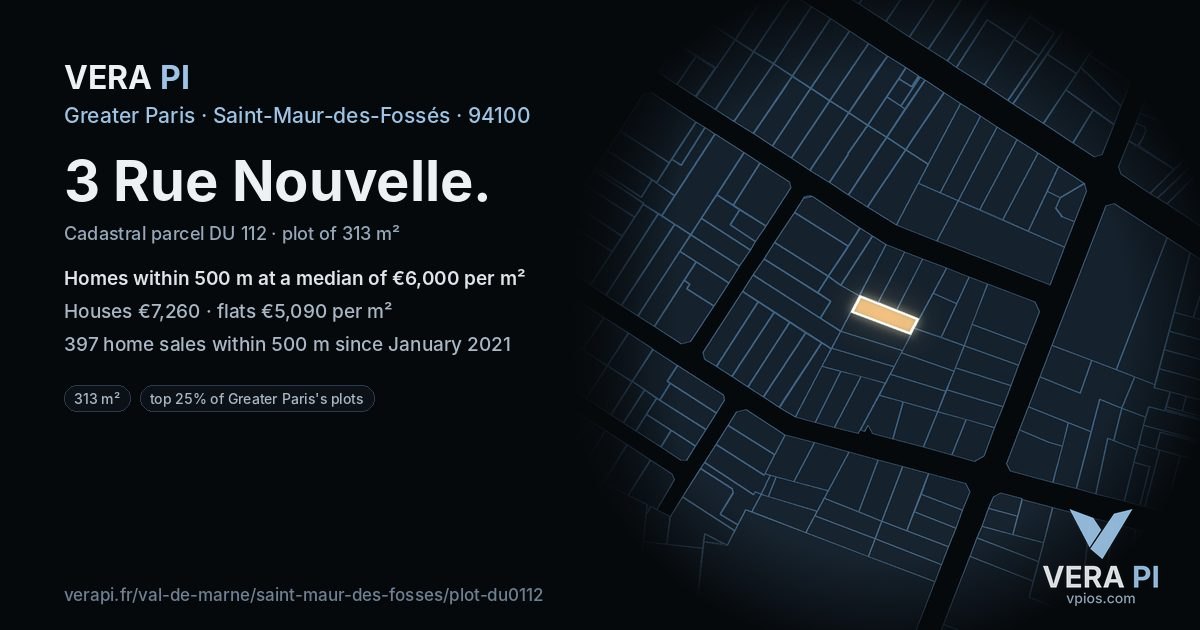 3 Rue Nouvelle, Saint-Maur-des-Fossés at night – the plot lit, the parcels around coloured by the prices near them