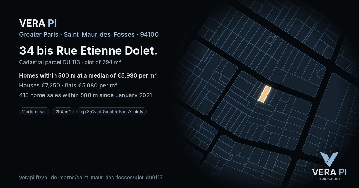 34 bis Rue Etienne Dolet, Saint-Maur-des-Fossés at night – the plot lit, the parcels around coloured by the prices near them