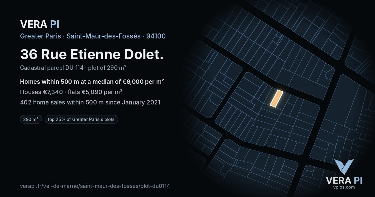 36 Rue Etienne Dolet, Saint-Maur-des-Fossés at night – the plot lit, the parcels around coloured by the prices near them