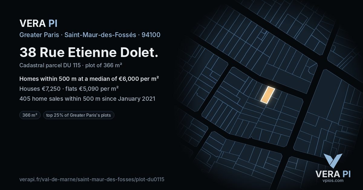 38 Rue Etienne Dolet, Saint-Maur-des-Fossés at night – the plot lit, the parcels around coloured by the prices near them