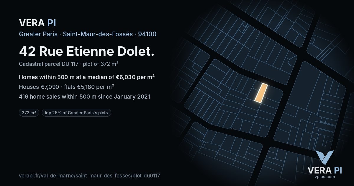 42 Rue Etienne Dolet, Saint-Maur-des-Fossés at night – the plot lit, the parcels around coloured by the prices near them