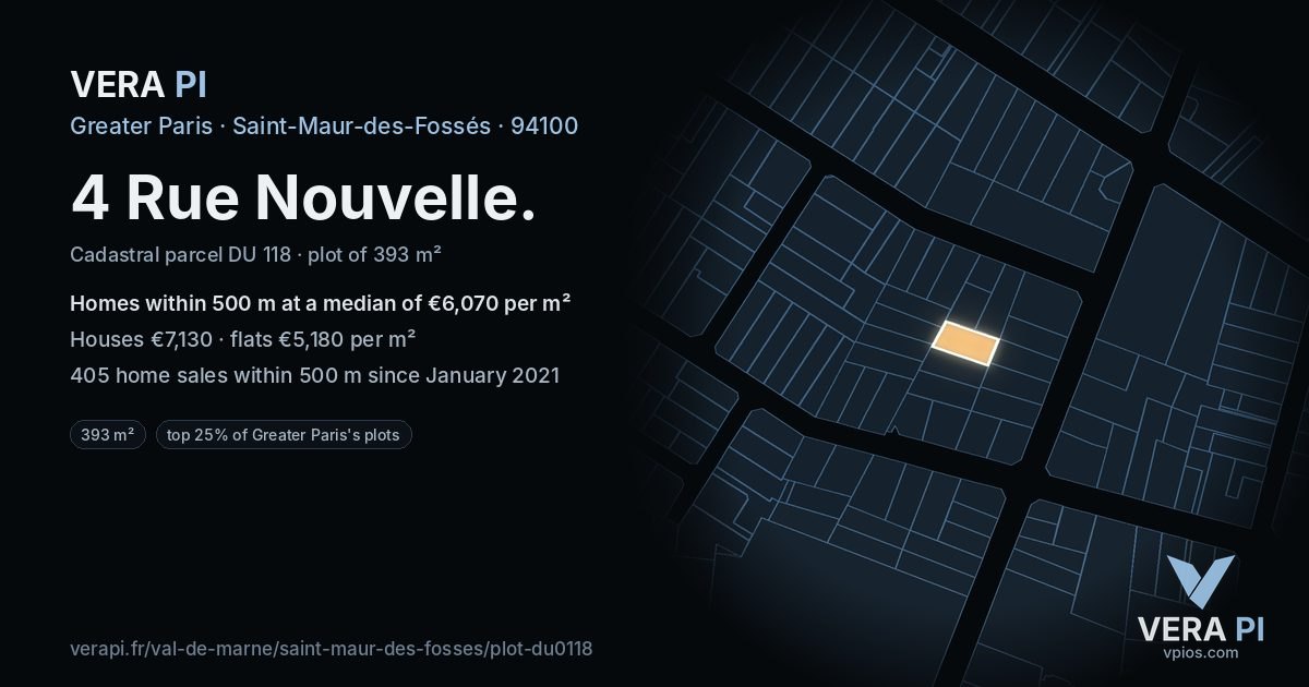 4 Rue Nouvelle, Saint-Maur-des-Fossés at night – the plot lit, the parcels around coloured by the prices near them