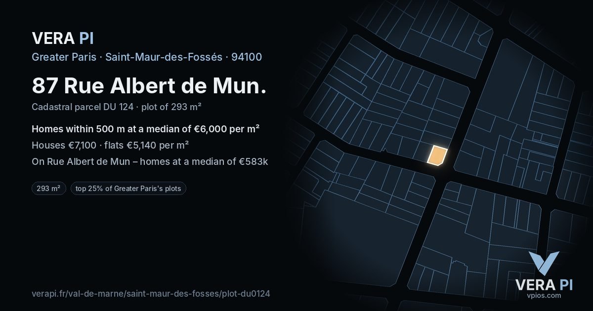 87 Rue Albert de Mun, Saint-Maur-des-Fossés at night – the plot lit, the parcels around coloured by the prices near them