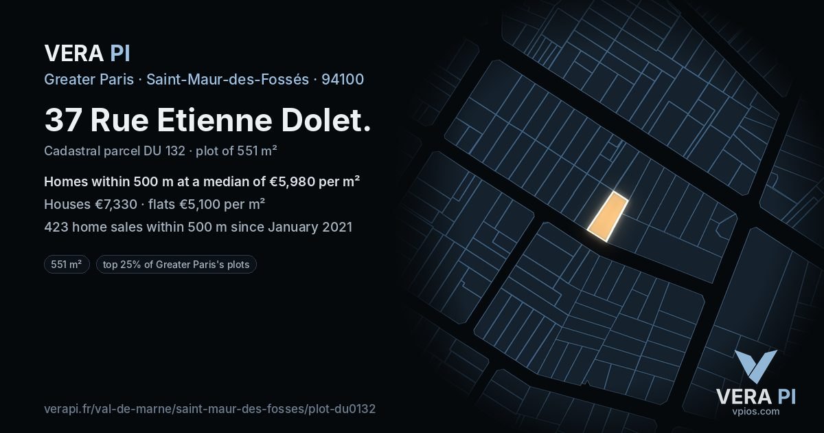 37 Rue Etienne Dolet, Saint-Maur-des-Fossés at night – the plot lit, the parcels around coloured by the prices near them