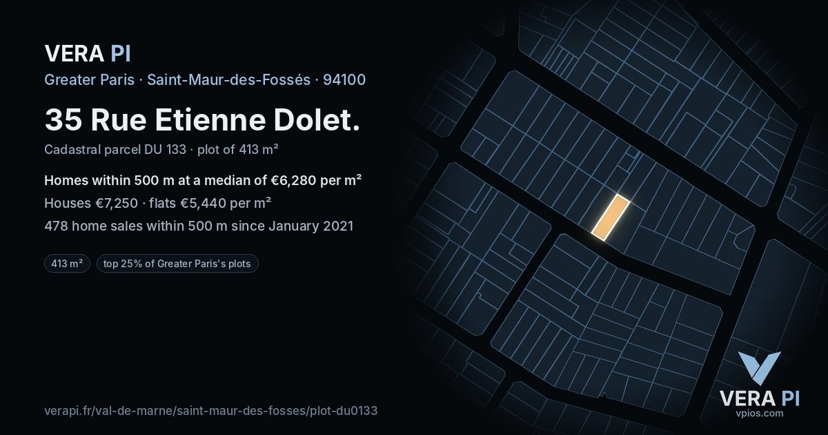 35 Rue Etienne Dolet, Saint-Maur-des-Fossés at night – the plot lit, the parcels around coloured by the prices near them