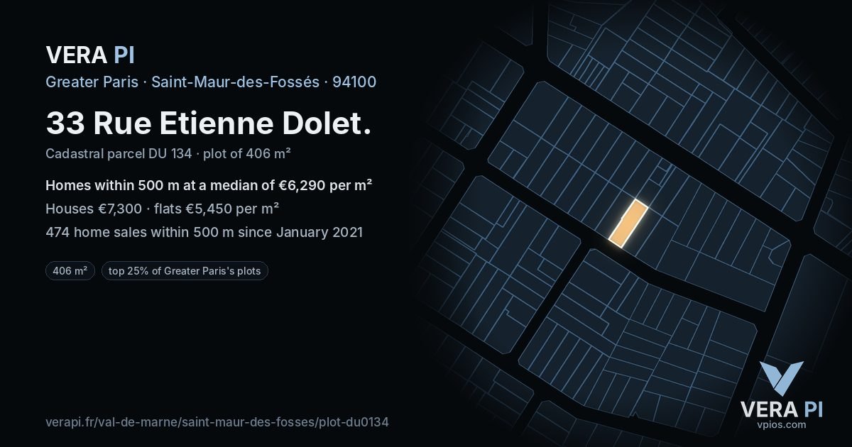33 Rue Etienne Dolet, Saint-Maur-des-Fossés at night – the plot lit, the parcels around coloured by the prices near them