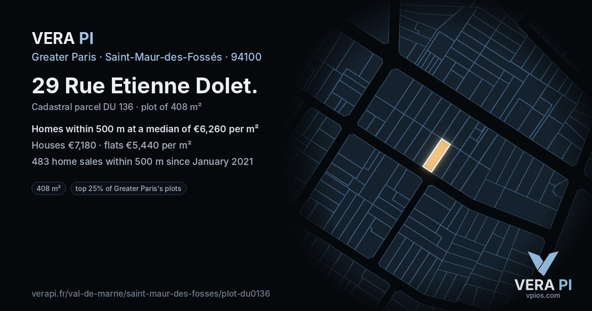 29 Rue Etienne Dolet, Saint-Maur-des-Fossés at night – the plot lit, the parcels around coloured by the prices near them