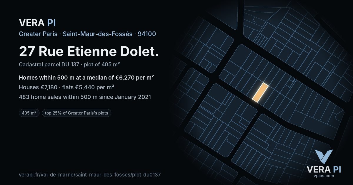 27 Rue Etienne Dolet, Saint-Maur-des-Fossés at night – the plot lit, the parcels around coloured by the prices near them