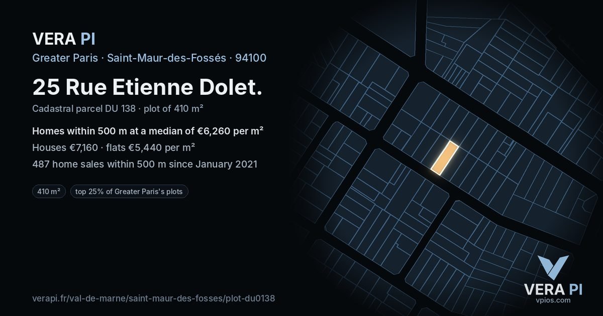 25 Rue Etienne Dolet, Saint-Maur-des-Fossés at night – the plot lit, the parcels around coloured by the prices near them