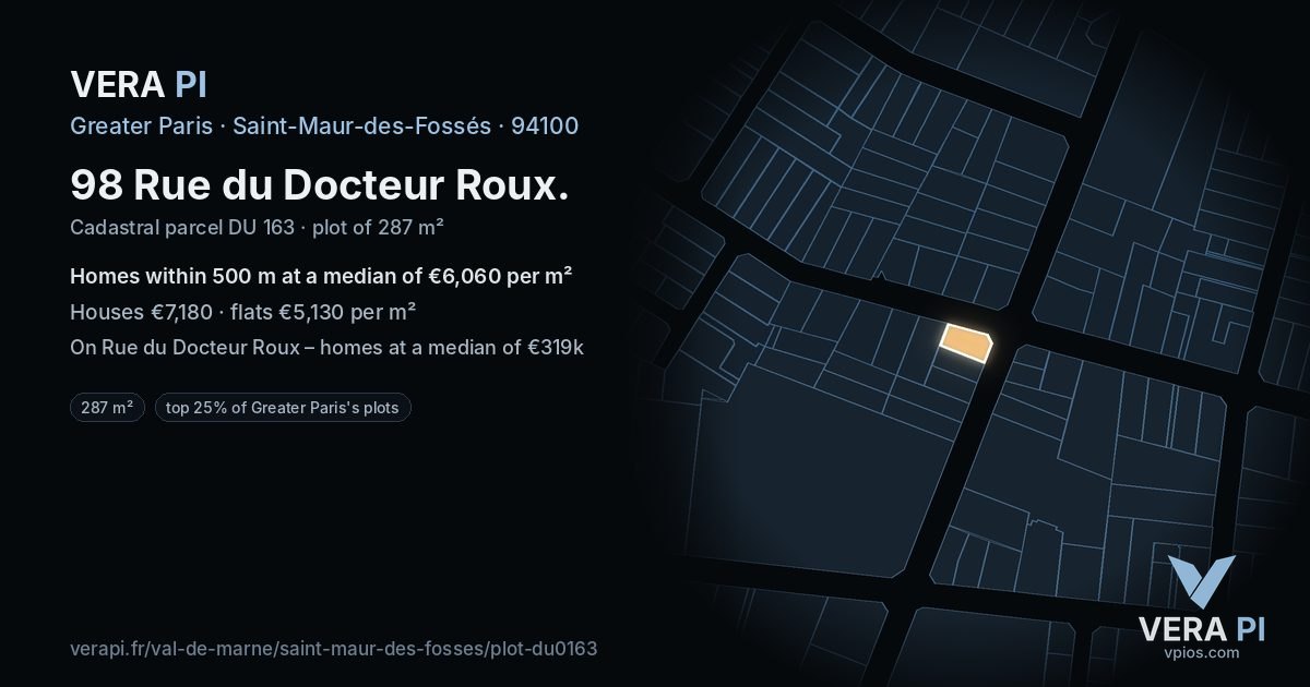 98 Rue du Docteur Roux, Saint-Maur-des-Fossés at night – the plot lit, the parcels around coloured by the prices near them