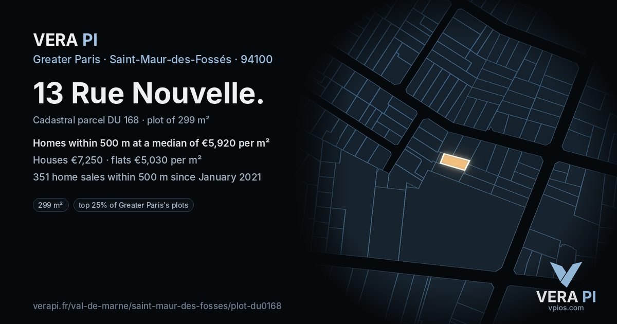 13 Rue Nouvelle, Saint-Maur-des-Fossés at night – the plot lit, the parcels around coloured by the prices near them