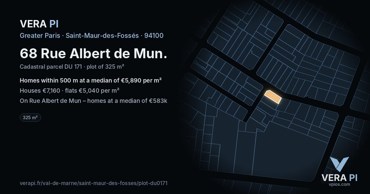 68 Rue Albert de Mun, Saint-Maur-des-Fossés at night – the plot lit, the parcels around coloured by the prices near them