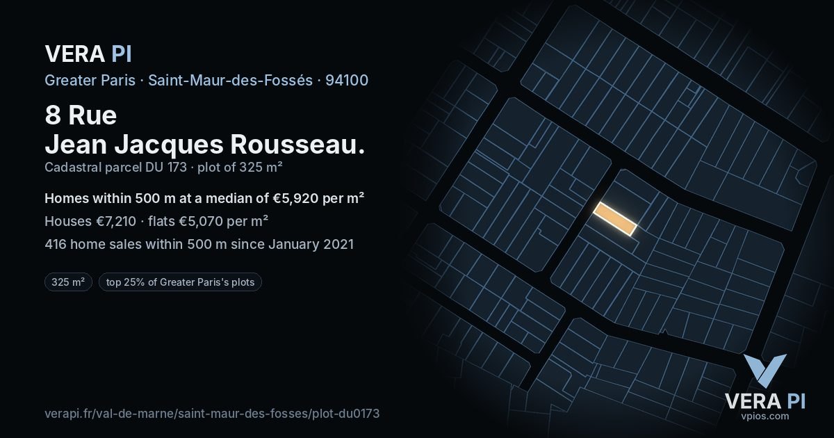 8 Rue Jean Jacques Rousseau, Saint-Maur-des-Fossés at night – the plot lit, the parcels around coloured by the prices near them