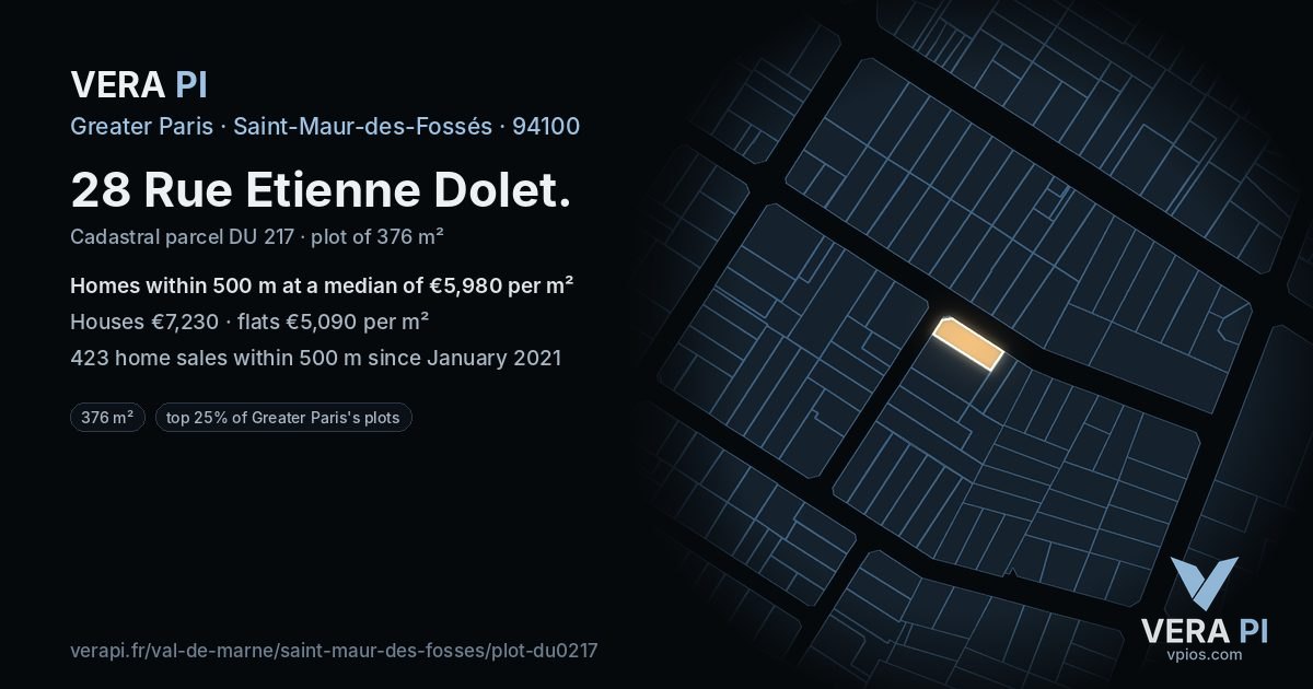 28 Rue Etienne Dolet, Saint-Maur-des-Fossés at night – the plot lit, the parcels around coloured by the prices near them