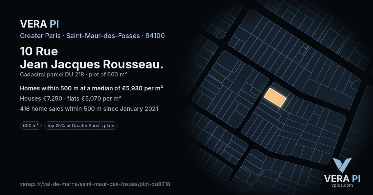 10 Rue Jean Jacques Rousseau, Saint-Maur-des-Fossés at night – the plot lit, the parcels around coloured by the prices near them