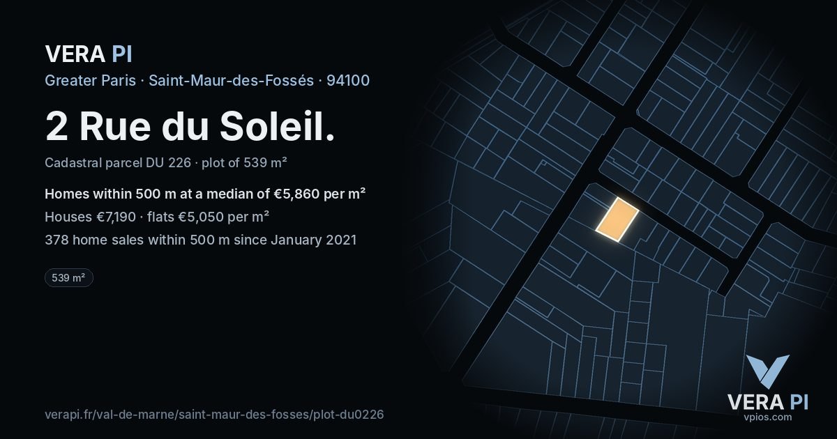 2 Rue du Soleil, Saint-Maur-des-Fossés at night – the plot lit, the parcels around coloured by the prices near them