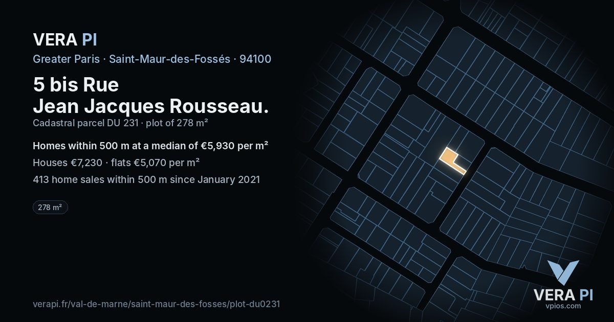 5 bis Rue Jean Jacques Rousseau, Saint-Maur-des-Fossés at night – the plot lit, the parcels around coloured by the prices near them