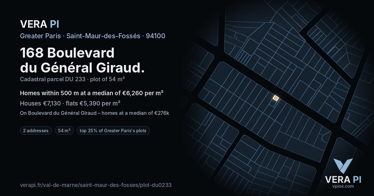 168 Boulevard du Général Giraud, Saint-Maur-des-Fossés at night – the plot lit, the parcels around coloured by the prices near them