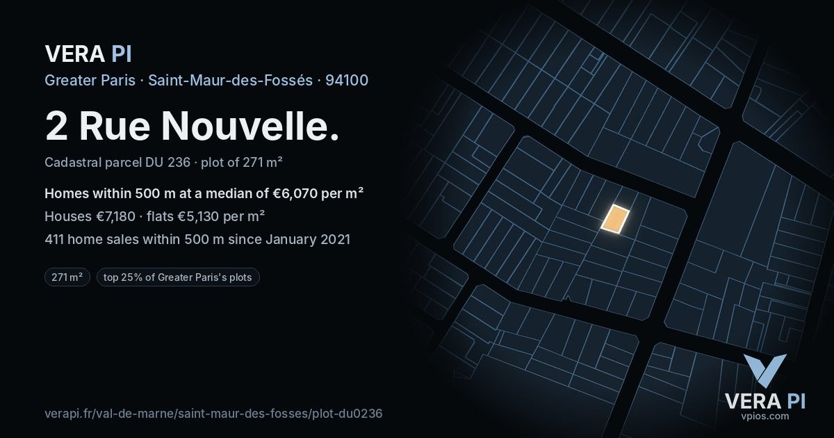 2 Rue Nouvelle, Saint-Maur-des-Fossés at night – the plot lit, the parcels around coloured by the prices near them
