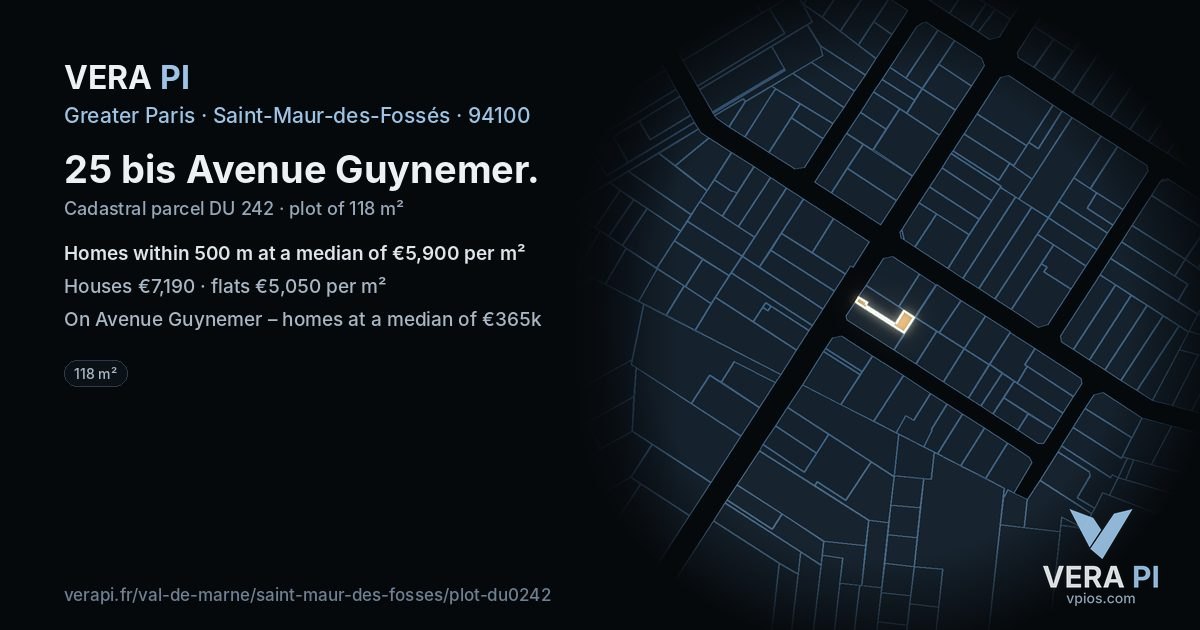 25 bis Avenue Guynemer, Saint-Maur-des-Fossés at night – the plot lit, the parcels around coloured by the prices near them