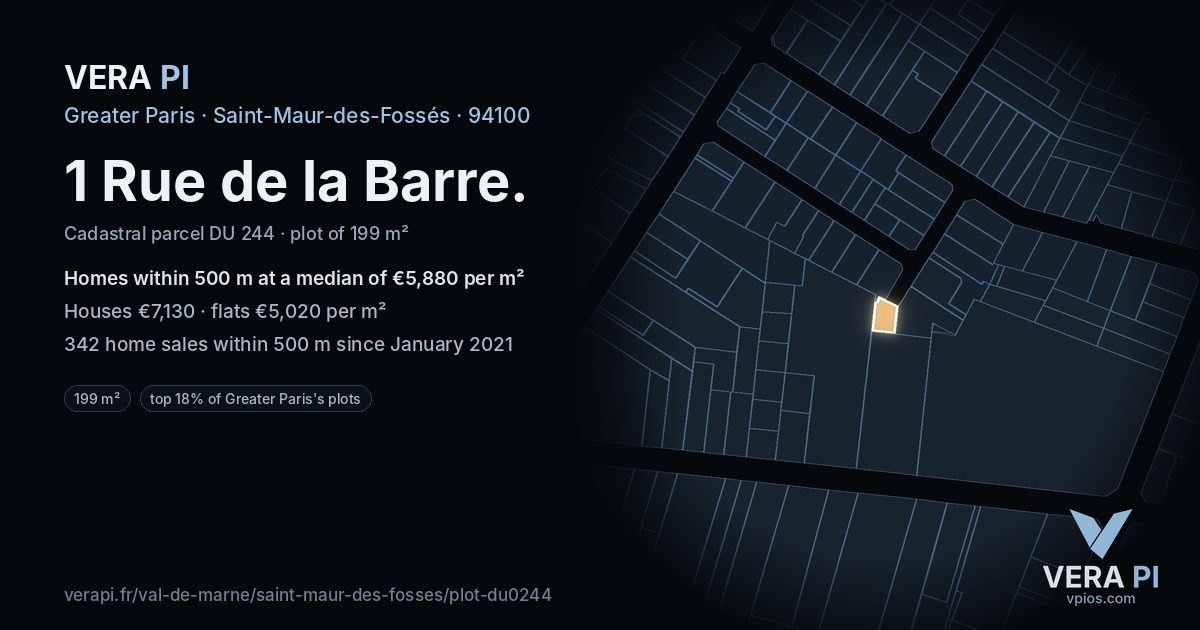 1 Rue de la Barre, Saint-Maur-des-Fossés at night – the plot lit, the parcels around coloured by the prices near them